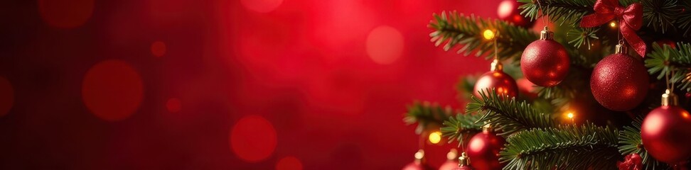 Ornate Christmas tree, red background, glowing bokeh , joyful, ball, elegant