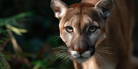 Obraz premium wildlife photography, a close-up of a florida panther in the underbrush, with intense focus on its amber eyes and whiskers, against a blurred cypress swamp background
