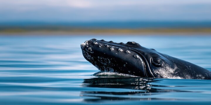 marine wildlife photography, a wide-angle shot capturing a north atlantic right whale breaching, with a deep focus on callosities and glistening wet skin the background depicts a soft, blurry