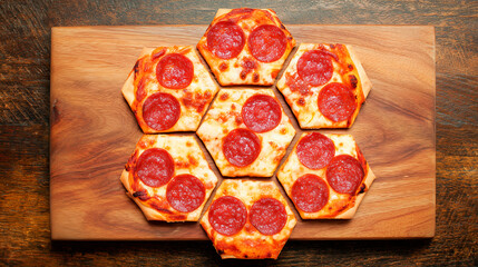 Pepperoni pizza cut into hexagonal pieces on a wooden board as a themed snack concept for watching football matches