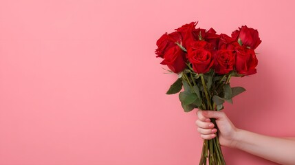Hand Holding Bouquet of Red Roses on Pink Background. Valentine's Day or Romantic Gift Concept with Copy Spaceю