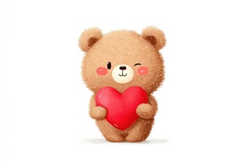 Brown Bear Holding Red Heart Isolated on White Background