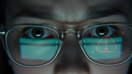 Shocked young woman with glasses reflecting a red digital warning alert, illustrating a critical cybersecurity breach, malware virus, or phishing scam attack. - Powered by Adobe