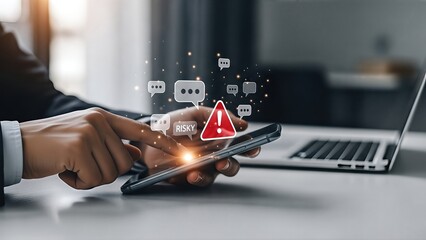 Hand of a business professional interacting with a smartphone displaying warning alerts about cybercrime and scammers, emphasizing the importance of digital security awareness