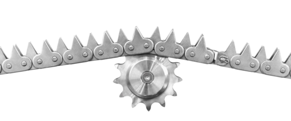 Chain with a sprocket for an industrial drive mechanism or conveyor. chain is silver and consists of many small links. Industrial design concept background. Isolated on white background