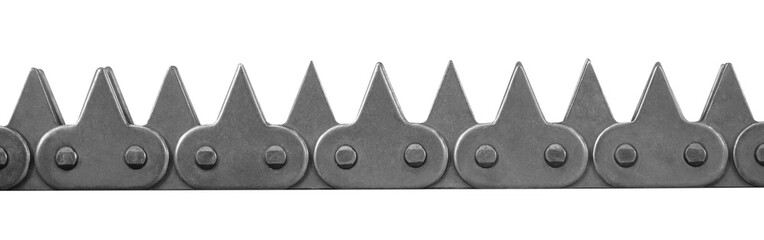 An industrial drive chain for a mechanism or conveyor. The chain is silver and consists of many...