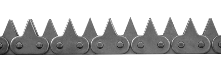 An industrial drive chain for a mechanism or conveyor. The chain is silver and consists of many small, sharp links isolated on a white transparent background.