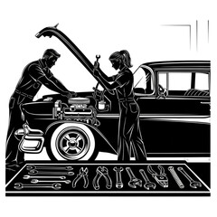 Mechanic and woman with car tools Isolated On Transparent Background.