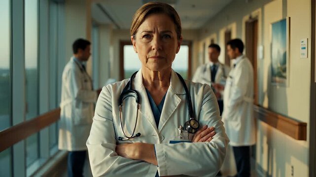 Confident mature female doctor in a white coat walking through a bright hospital corridor and crossing arms, portraying medical leadership and healthcare duty