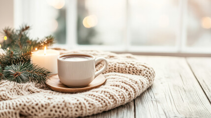 Cozy Coffee And Candle By Window In Winter