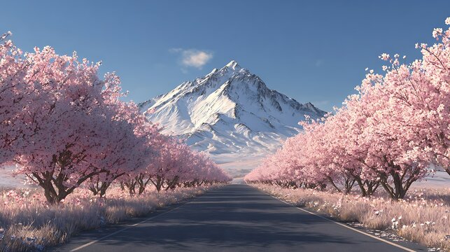 Road through blossoming cherry trees leads to a snow-capped mountain under a bright blue sky - Powered by Adobe