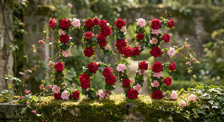 True love floral typography with red and pink roses, romantic valentine garden background, creative flower letters on mossy wall, nature lover greeting card concept, spring blossom design.
