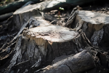 Close up of tree stumps after deforestation, environmental destruction, logging and forest loss concept