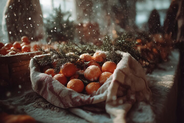 Fresh tangerines with pine branches in warm winter light, holiday season, Christmas and cozy festive mood concept