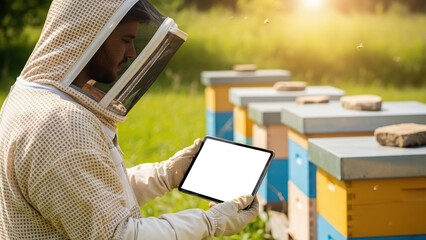 Beekeeper in protective suit using a tablet near beehives in sunlight