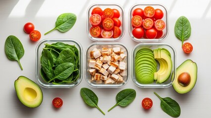 Healthy meal prep with fresh ingredients like spinach, tomatoes, and avocado