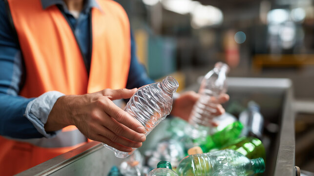 Faceless worker hands sorting recyclable plastic bottles recycling facility waste processing operation environmental work activity sustainability practice moment defocused ind