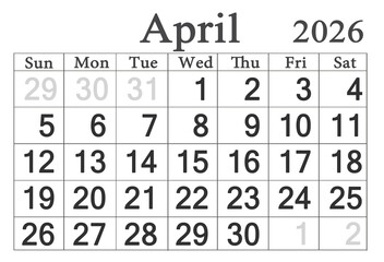 calendar for April 2026 in English. Monthly Organizer. 2026 Monthly Planner
