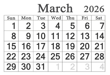 calendar for March 2026 in English. Monthly Organizer. 2026 Monthly Planner