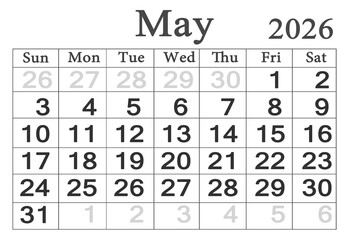 calendar for May 2026 in English. Monthly Organizer. 2026 Monthly Planner