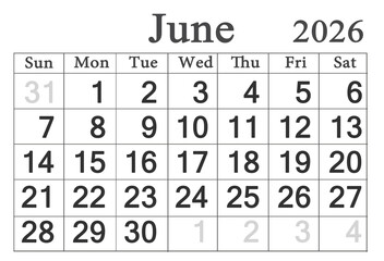 calendar for June 2026 in English. Monthly Organizer. 2026 Monthly Planner