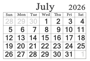 calendar for July 2026 in English. Monthly Organizer. 2026 Monthly Planner