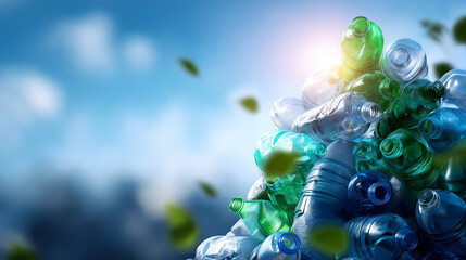 Stack of plastic bottles recycling against blue sky display waste collection visualization environmental responsibility representation sustainability concept scene defocused