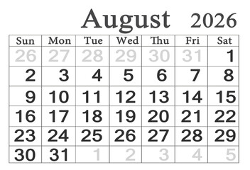 calendar for August 2026 in English. Monthly Organizer. 2026 Monthly Planner