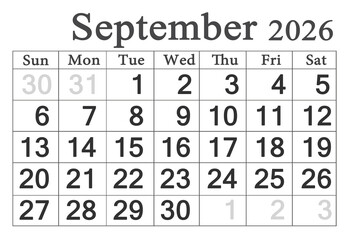 calendar for September 2026 in English. Monthly Organizer. 2026 Monthly Planner