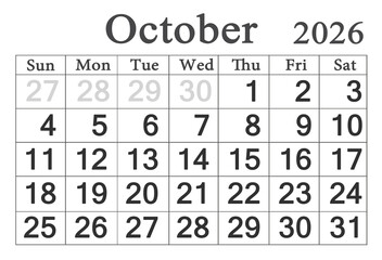 calendar for October 2026 in English. Monthly Organizer. 2026 Monthly Planner