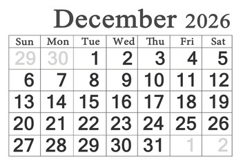 calendar for December 2026 in English. Monthly Organizer. 2026 Monthly Planner