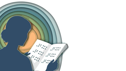 Silhouette of a woman reading Braille with a serene mood against a colorful abstract background, suitable for World Braille Day, with copy space.
