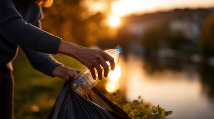Faceless people volunteer hands keeping garbage plastic bottle black bag park river sunset environmental cleanup activity community responsibility action defocused outdoor bac
