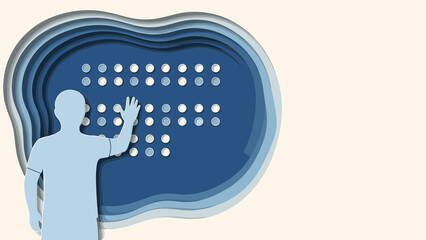 Individual with a calm demeanor interacting with Braille text against an abstract blue background with copy space for World Braille Day promotion.