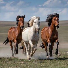 Obraz premium Wild horses galloping on open plains, cinematic camera dolly move, dynamic motion.