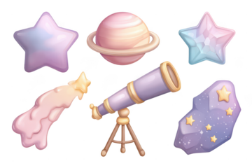 set of icons for space, stars, and comets in a plasticine style