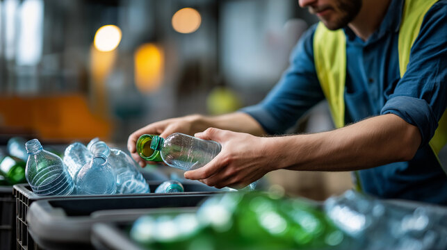 Faceless plastic bottles containers sorted recycling bins workers plant waste processing facility promoting sustainability environmental responsibility recycling operation