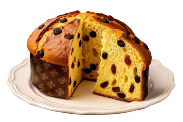 Delicious traditional italian panettone christmas cake with sliced portion, isolated on transparent background