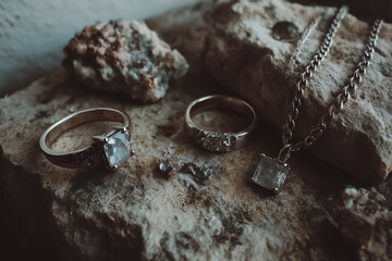 Silver rings and necklace with gemstones resting on natural rock surface, luxury jewelry and elegant still life concept