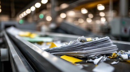 Recycling of waste paper visualization paper waste processing display environmental sustainability operation material reuse facility waste management activity defocused