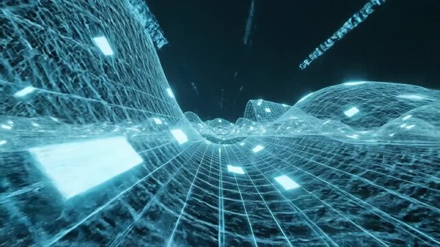 Futuristic Digital Wave Network Traversing a Neon Grid.