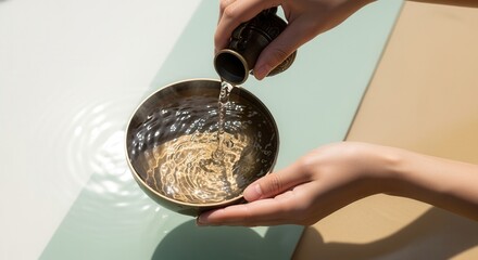 Hands pouring clear water from ornate pitcher into metal bowl. Spa ritual and wellness concept. Sunlight shadows on two-tone background