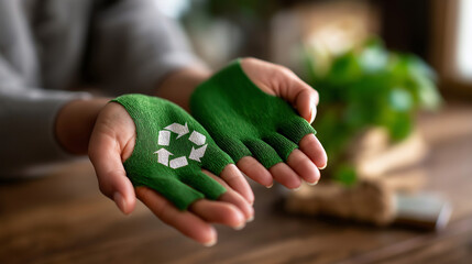 Faceless hands with garbage symbol recycling color background display waste management concept environmental responsibility visualization sustainability representation scene