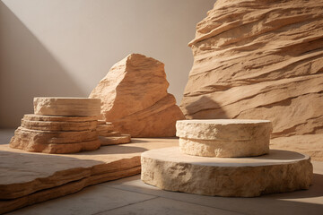 Natural sandstone podiums with rocky layers for product display on a neutral background