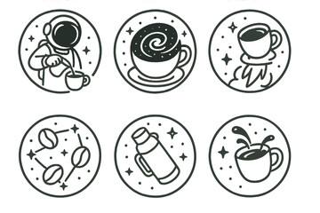 Fototapeta premium Interstellar Barista Icons. Line style circular vector icons of interstellar barista: astronaut pouring coffee, milk galaxy spiral