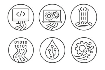 Digital Development Dynamics. Line style circular vector icons of dynamic development: code river from screen, laptop gears