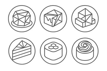 Geometric Dessert Icons. Line style circular vector icons of artistic dessert design: sculpted polygon cake, prism glaze surface,
