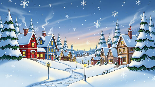 seamless pattern Winter City Scene, mountains and houses with Snowy - Powered by Adobe