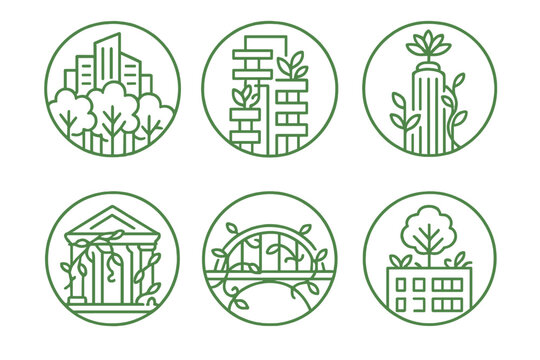 Eco-Friendly City Icons. Line style circular vector icons of green metropolis: skyscraper forest fusion, plant balcony structures,