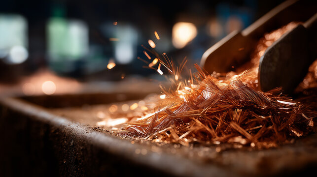Copper scrap prepared for recycling smelter facility visualization metal waste processing industrial material recovery sustainability operation display defocused industrial